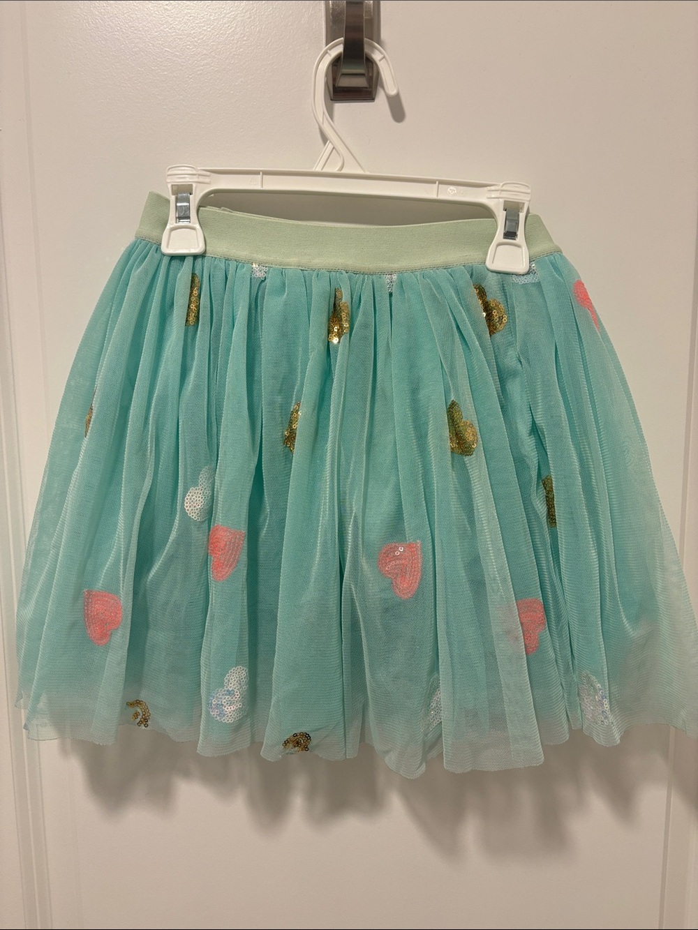Girls' Mint Tulle Skirt with Sequin Heart Accents
